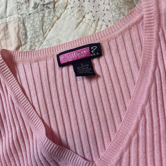 say what vintage y2k feminine pink half sleeve v neck babydoll henley top - Picture 2 of 8